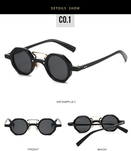 Three views of retro punk small frame sunglasses with black frames and gold accents