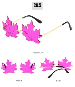 Macro view showing multiple angles of rimless maple leaf sunglasses in rose pink tint