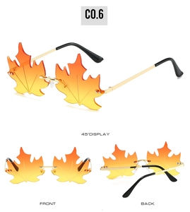 Detailed multi-angle views of rimless maple leaf shaped sunglasses with orange gradient lenses