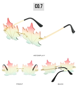 Multi-angle view of rimless maple leaf sunglasses with red-green gradient lenses