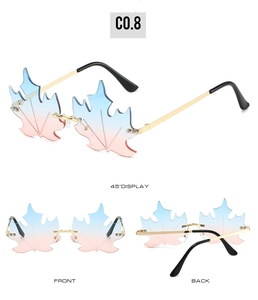 Three-view display of rimless maple leaf sunglasses with blue-pink gradient lenses