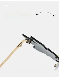 Detail of durable gold metal hinge on black rimless maple leaf shaped sunglasses