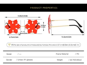 Size chart showing dimensions for red snowflake shaped rimless party sunglasses