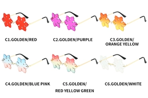 Close-up of rimless snowflake sunglasses in six colors with metallic gold frames