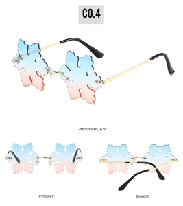 Detail views of snowflake shaped rimless sunglasses with blue-pink gradient lenses