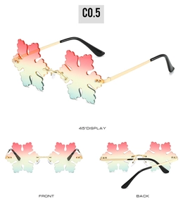 Detailed views of snowflake-shaped rimless sunglasses with green and red gradient lenses