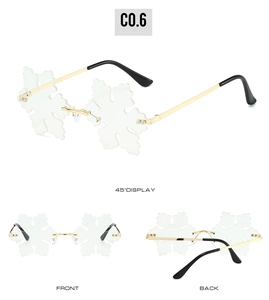 Three-angle view of snowflake-shaped rimless party sunglasses with gold metal temples