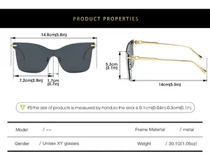Detaillierte Größentabelle für randlose Cat-Eye-Sonnenbrillen mit Metallrahmen-Maßen