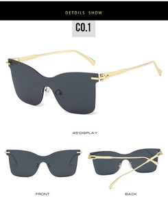 Drei Perspektiven der randlosen Cateye-Sonnenbrille mit dunklen Gläsern und goldenen Bügeln