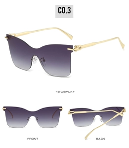 Drei-Ansichten-Display der randlosen Cat-Eye-Sonnenbrille mit violetten Verlaufsgläsern