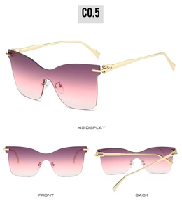 Drei-Ansichten-Display einer randlosen Cat-Eye-Sonnenbrille mit lila Verlaufsgläsern