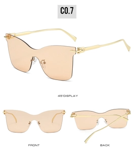 Drei Ansichten der randlosen Cat-Eye-Sonnenbrille mit orangefarbenen Gläsern und Goldbügeln