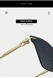 Detail view of golden metal hinges and dual spherical link on rimless cat eye sunglasses