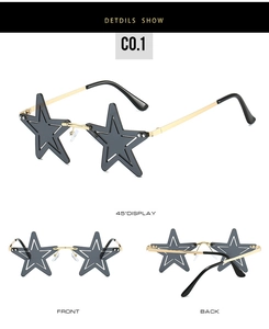 Détail de lunettes de soleil sans monture en forme d'étoile avec cadre en métal doré