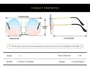Detailed size chart for snowman shaped rimless sunglasses with lens and frame dimensions