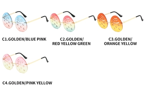 Detail of four colorful gradient party sunglasses with cutout smiley and star lenses