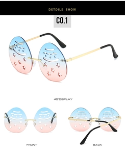 Detailed views of snowman-shaped rimless sunglasses with star-cut gradient lenses