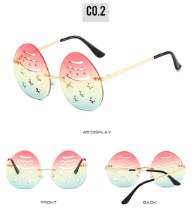 Detailed views of Easter egg-shaped rimless sunglasses with gradient lenses and star cutouts