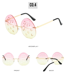 Three-way view of snowman sunglasses with pink-yellow gradient lenses and star cutouts