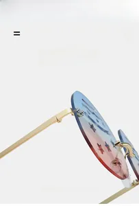 Detail of rimless blue-pink gradient sunglasses with star and moon cutout lens decorations