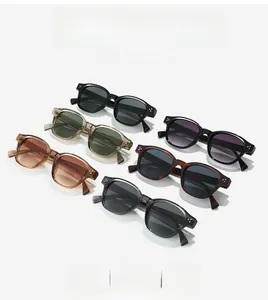 Six pairs of minimalist square sunglasses in various colors with vertical dot rivets