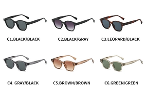 Detailed grid display of square-frame sunglasses in six diverse colors with metal rivets