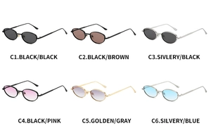 Aperçu détaillé de six lunettes de soleil ovales en métal de différentes couleurs