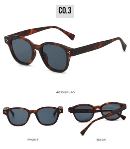 Detailed views of tortoiseshell round frame sunglasses with dark grey lenses and silver accents