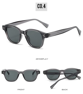 Three perspectives of gray translucent sunglasses with metallic rivet detail and UV lenses