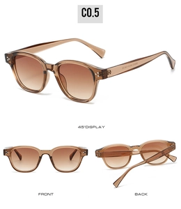 Three-angle display of amber round sunglasses featuring tortoiseshell frames and gradient lenses