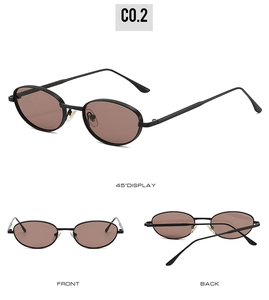 Vues multiples de lunettes de soleil ovales en métal de face, de dos et sous un angle de 45°