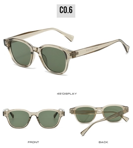 Classic retro sunglasses in translucent light brown frame and green square lenses detail