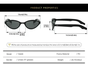 Detailed size chart for retro cat eye sunglasses showing PC frame dimensions and weight