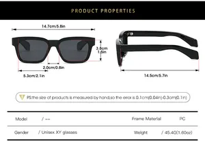 Detailed size guide chart showing dimensions for square polarized sunglasses in centimeters