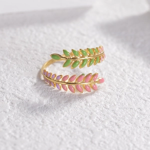 Bague Ouverte Ajustable Feuille Acier Inoxydable Émail Plaqué Or Style Ins Bijoux De Niche Tendances Pour Femmes