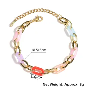 Detail of colorful resin link bracelet with S.STEEL stamp and lobster clasp closure