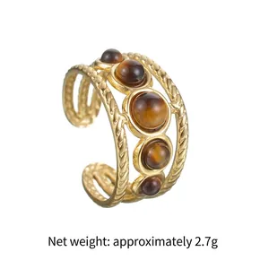 Gold stainless steel multi-layer geometric ring with five tiger eye stones and dimensions