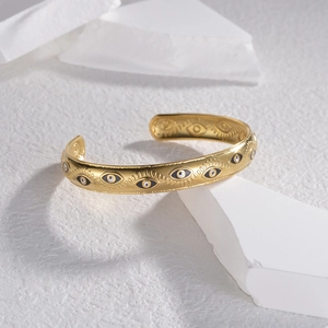 Bohemian Evil Eye Stainless Steel Gold Plated Open Cuff Bangle Leaf Wheat Pattern Adjustable Jewelry For Women