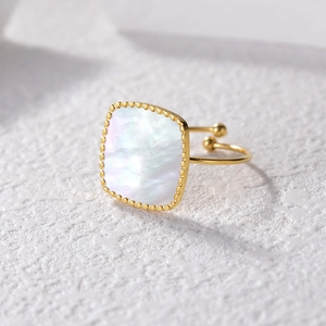 Square Mother Of Artificial Pearl Stainless Steel Ring Adjustable Open Band Milgrain Edge Geometric Niche Design For Women