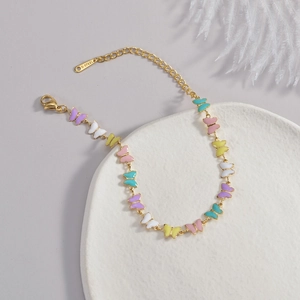 Butterfly Stainless Steel Bracelet For Women Enamel Turquoise Beads Snake Bone Chain Gold Plated Adjustable Jewelry