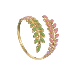 Bague ajustable en acier doré avec motif de feuilles colorées en émail pour femmes