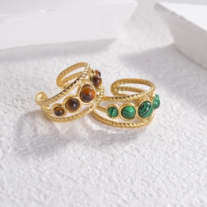 Multi Layer Rope Texture Adjustable Open Ring Stainless Steel With Malachite And Tiger Eye Stone Round Geometric Boho Chic