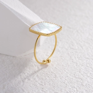 Minimalist gold geometric square ring with mother of pearl inlay and beaded edges
