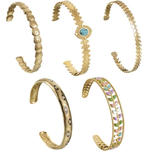 Five-piece gold stainless steel cuff bracelet set with evil eye and leaf designs