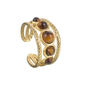 Three-layer gold stainless steel adjustable ring with five tiger eye beads on white backdrop
