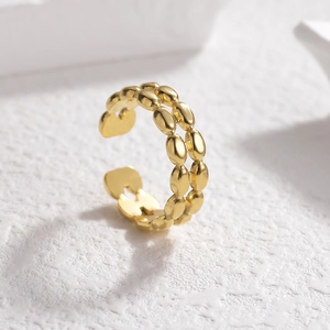 Geometric Oval Stainless Steel Ring Double Layer Metal Beads Gold Plated Adjustable Open Finger Ring Jewelry For Women