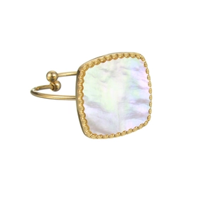Minimalist gold geometric square ring featuring iridescent white mother of pearl inlay