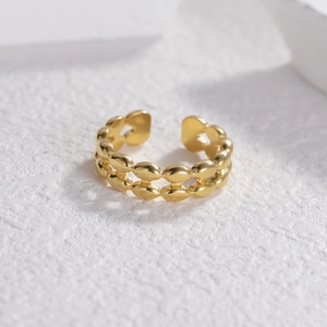Minimalist double layer gold geometric oval ring with polished mirror finish and open band