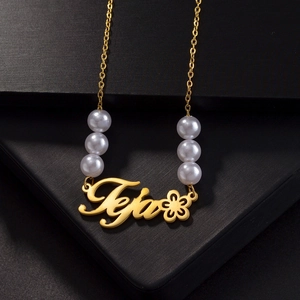 Custom gold 304 stainless steel Teja name necklace with elegant pearls and flower detail