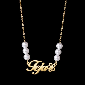 Customized 304 stainless steel gold name necklace with Teja pendant and white pearls